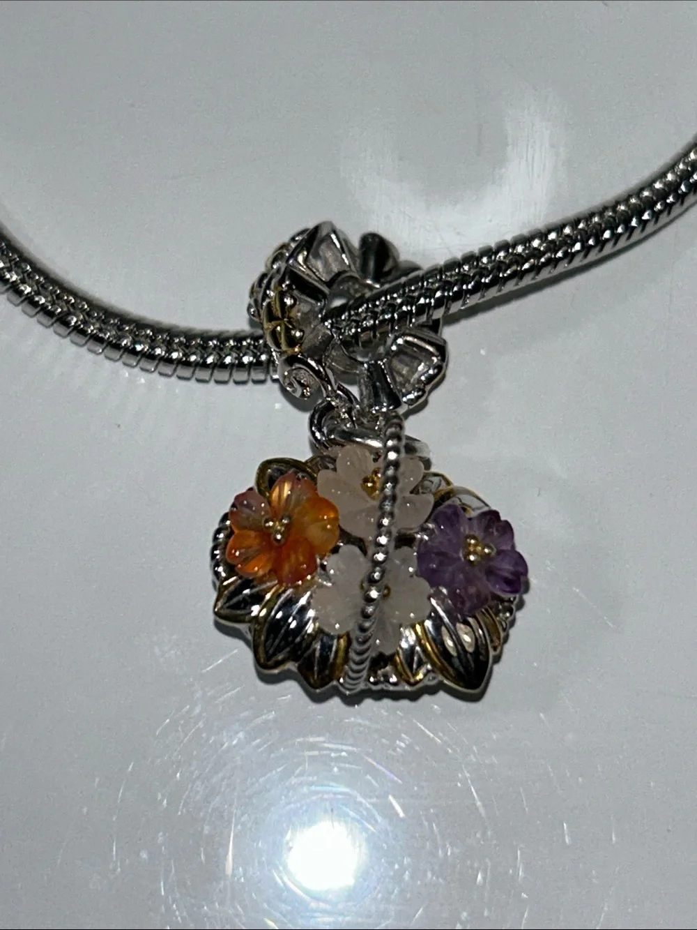 NWOT Gems En Vogue Palladium 18k Multi Genuine Gemstone Euro Style Floral Charm